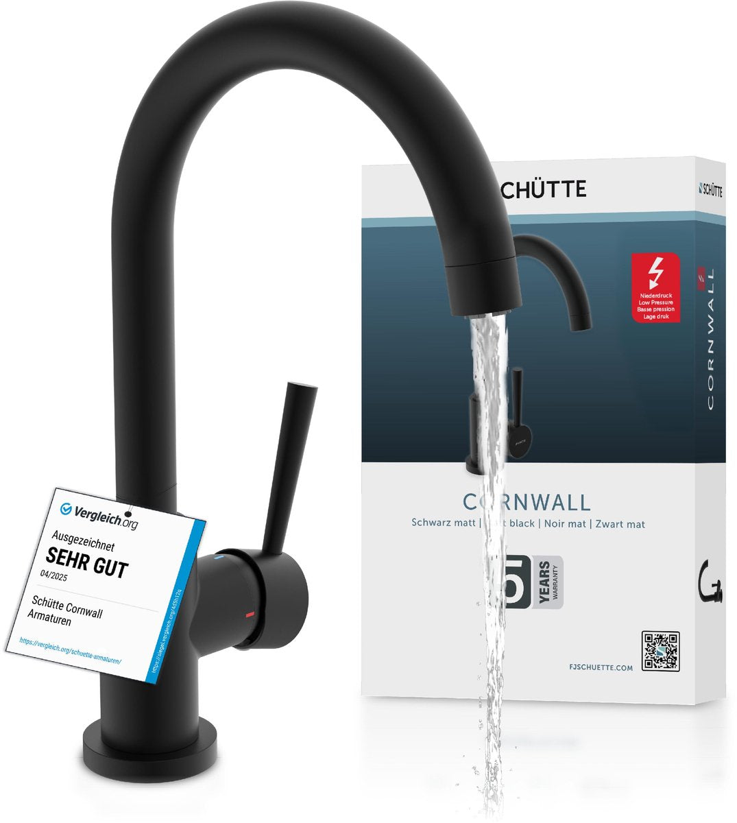Robinet de cuisine design Schütte Cornwall pour chauffe-eau avec bec libre - basse pression - mitigeur - bec haut et pivotant - poignée latérale - noir mat
