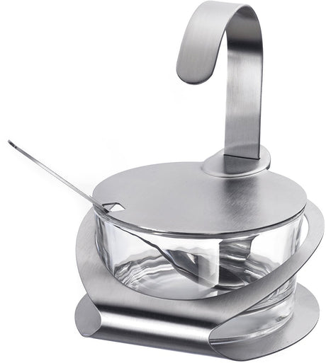 Bol à fromage et sucrier Westmark, avec support, couvercle et cuillère, 4 pièces, capacité : 150 ml, verre en acier inoxydable, blanc, argent transparent, 65112260