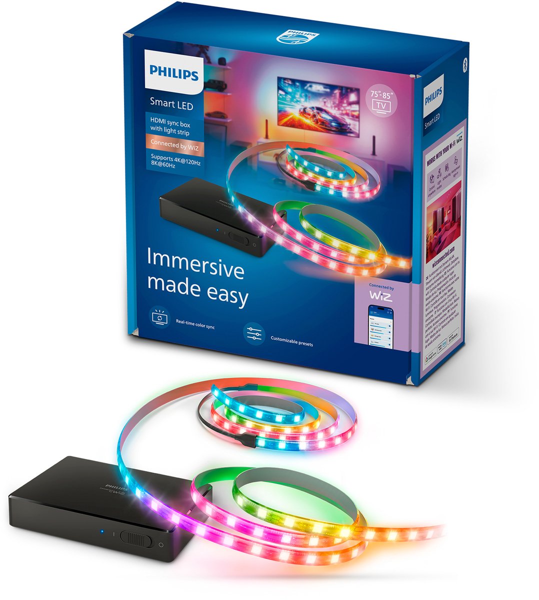 Philips smart lighting - hdmi 2.1 sync box - met rgbic led strip voor 75 tot 85 tv's - synchroniseer je verlichting met je beeldscherm - 4k bij 120hz en 8k bij 60hz - werkt met de wiz app - wifi - entertainment starterkit