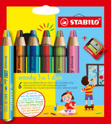 Stabilo woody duo 3 en 1 - crayons de couleur multi talents - étui avec taille-crayon 6 couleurs