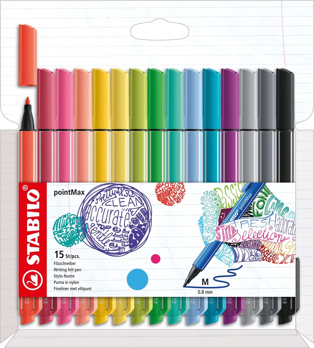 Stabilo pointmax - feutre fin à pointe rigide 0,8 mm - pointe nylon - étui de 15 couleurs