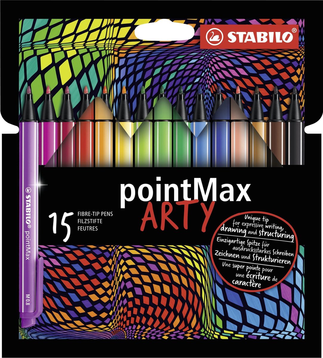 Stabilo pointmax - feutre fin à pointe rigide 0,8 mm - étui arty de 15 couleurs