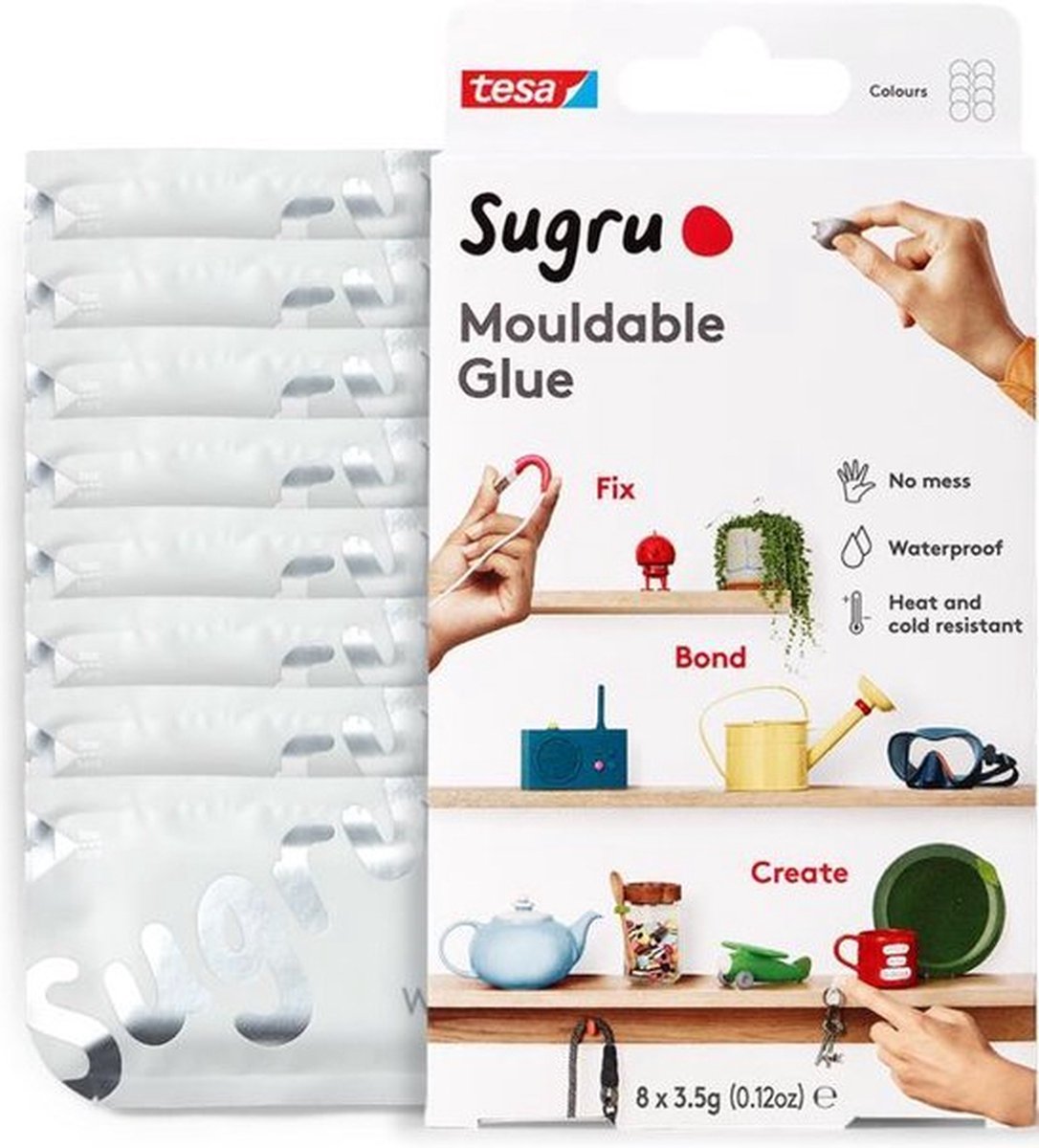 Colle pétrissable Sugru de tesa, paquet de 8 (8 x 3,5 g) en blanc