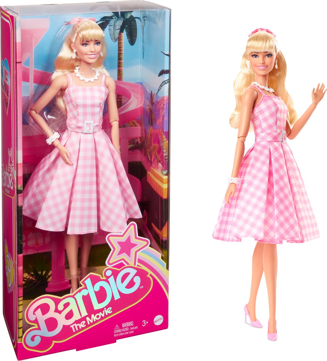 Barbie la poupée de cinéma - Margot Robbie - robe à carreaux rose et blanc - 33 cm - poupée de cinéma
