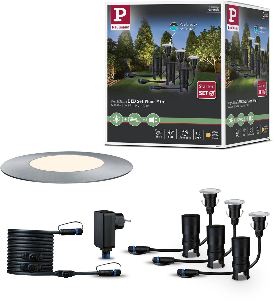 Paulmann Plug Shine LED Spot encastrable au sol Mini Set de base IP67 3000K 3x2,5W 21VA Argent