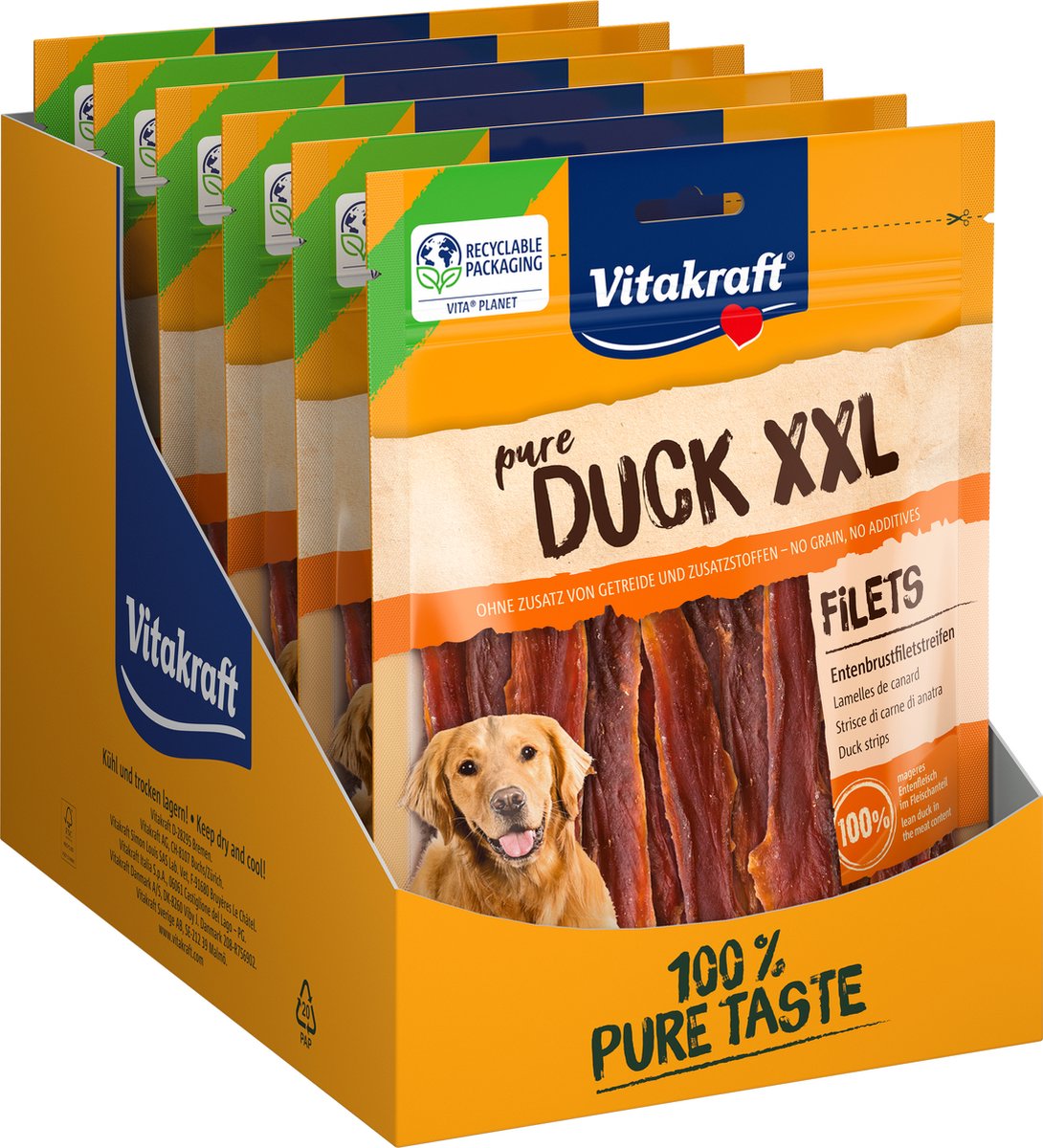 Vitakraft pure duck xxl - lanières de viande de canard - 6x 250 grammes