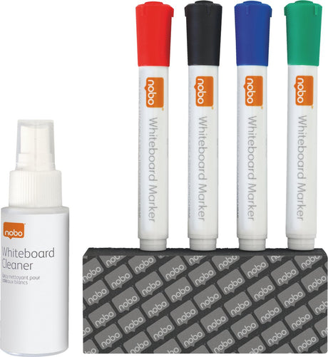 Kit de démarrage pour nettoyage à sec pour tableaux blancs Nobo - 1 spray - 4 marqueurs - 1 gomme