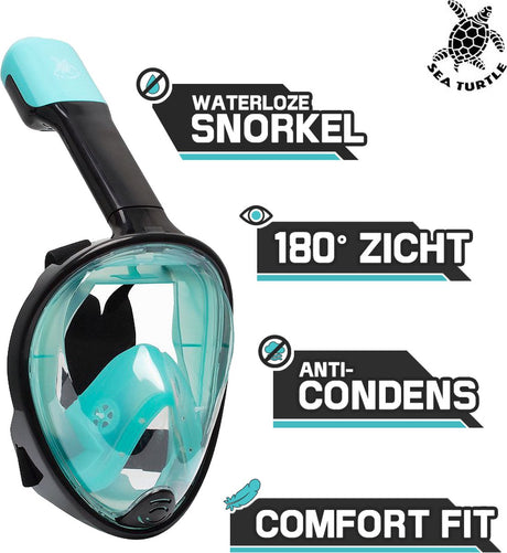 Masque de plongée pour tortue de mer - tuba - lunettes de plongée - ensemble de tuba - masque complet - adultes - turquoise noir - s m