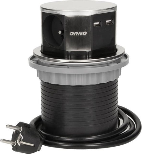 Multiprise pop-up Orno - Multiprise 3 voies - Multiprise avec deux points de charge USB-A - Acier inoxydable