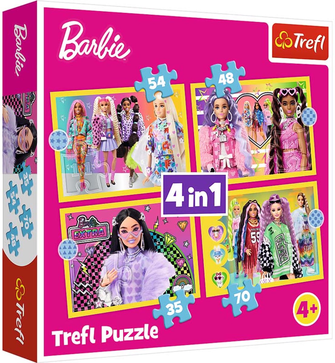 Ensemble de puzzle Trefl Barbie 4-en-1 jouets en carton colorés.