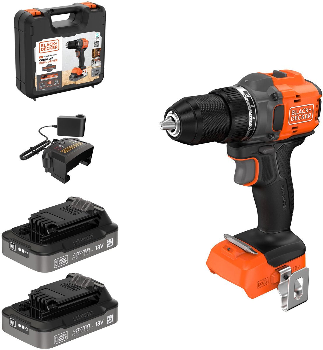 Perceuse-visseuse sans balais Black+decker 18 V en étui (avec batterie 2x2,5 Ah et chargeur) - bld782e2k-qw