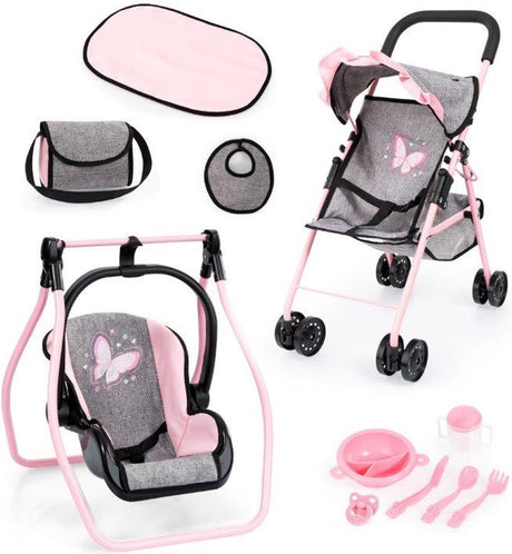 Poussette de poupée pliante design Bayer, landau de poupée, roues doubles, sac, matelas à langer, berceau, accessoires en gris jeans, rose