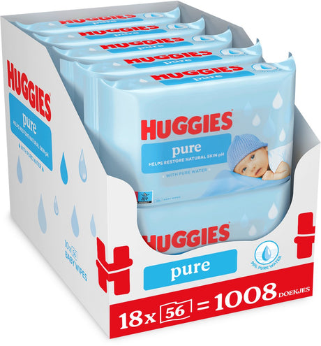 Lingettes pour bébé Huggies - eau pure à 99 % - 18 x 56 pièces - 1008 lingettes - pack économique