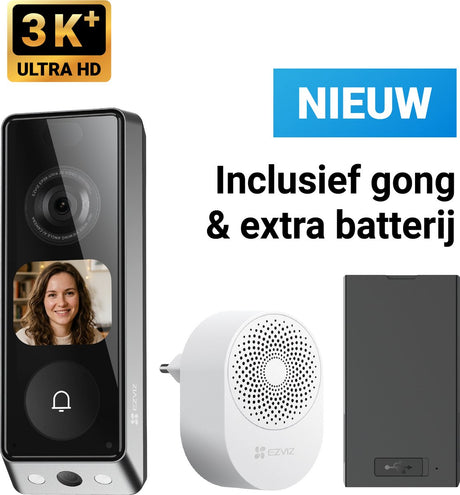 Ezviz EP8 Ultra - sonnette vidéo avec caméra avec écran AI - double objectif 3K+ (6MP) - détection de paquets - sans fil ou filaire - 32 Go de stockage intégré - sans abonnement
