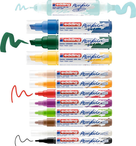Kit de démarrage de marqueurs de peinture acrylique Edding - 12 marqueurs acryliques - pointe biseautée large - avec bloc de couleur