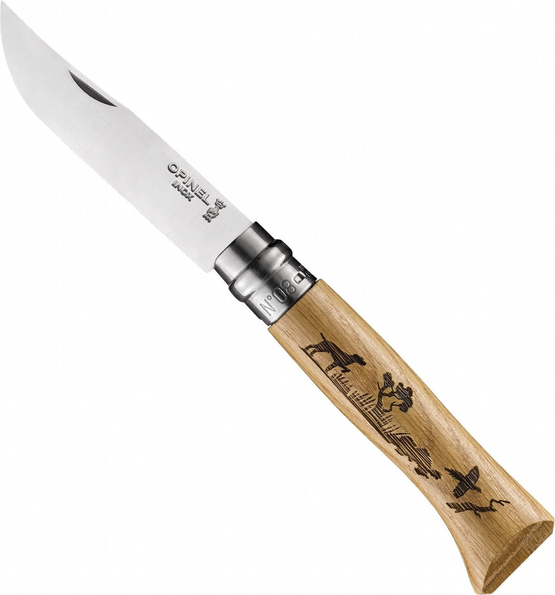 Couteau de poche Opinel n°08 chien gravé acier inoxydable bois