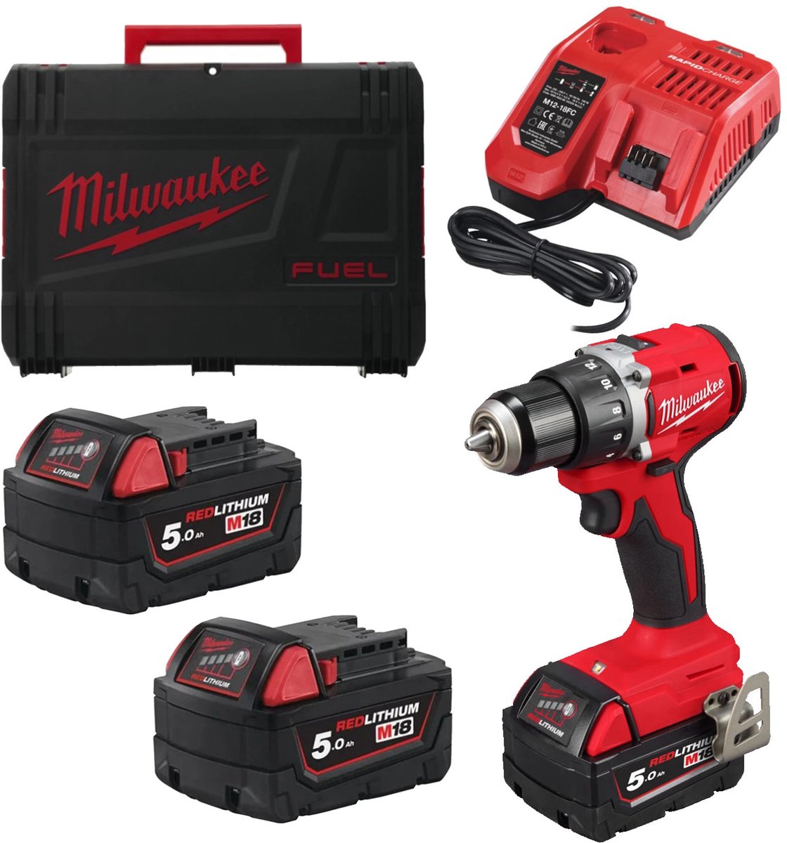 Perceuse/visseuse sans fil Milwaukee m18 blddrc-502c + 2x batterie 18v 5.0 + chargeur en étui