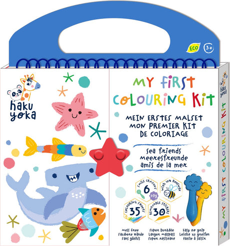Haku yoka : mon premier kit de coloriage amis les animaux marins 20,5x24x2cm, contient 6 crayons de cire visage souriant, 35 feuilles de coloriage et autocollants amovibles, contient 10% de cire d'abeille, 3+