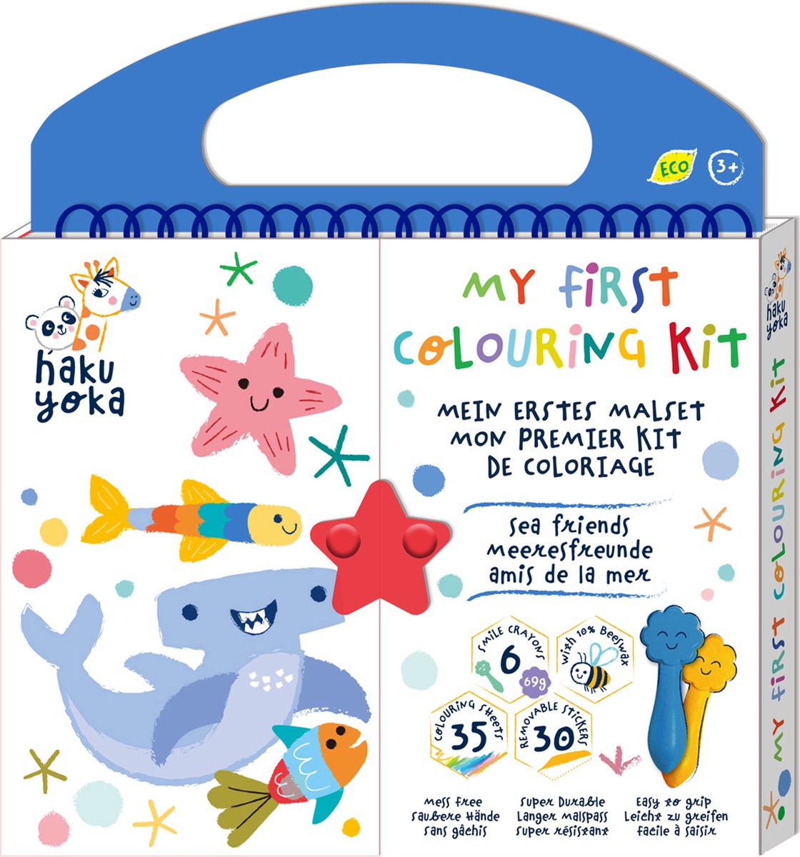 Haku yoka : mon premier kit de coloriage amis les animaux marins 20,5x24x2cm, contient 6 crayons de cire visage souriant, 35 feuilles de coloriage et autocollants amovibles, contient 10% de cire d'abeille, 3+