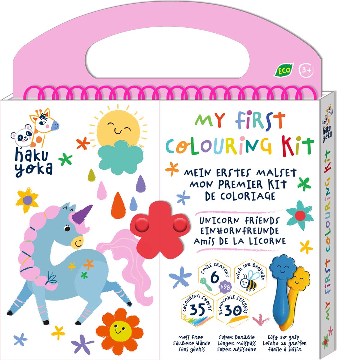Haku yoka : mon premier kit de coloriage amis licornes 20,5x24x2cm, contient 6 crayons de cire visage souriant, 35 feuilles de coloriage et autocollants amovibles, contient 10% de cire d'abeille, 3+