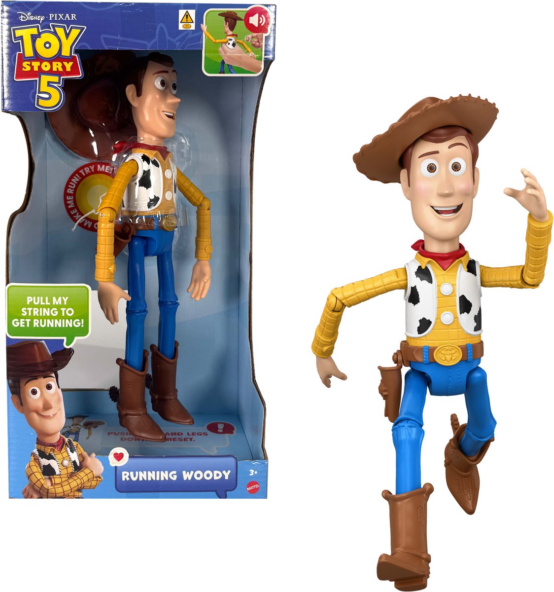 Mattel Disney et Pixar Toy Story 5 figurine articulée Running Woody de 30 cm - plus de 50 sons - Français