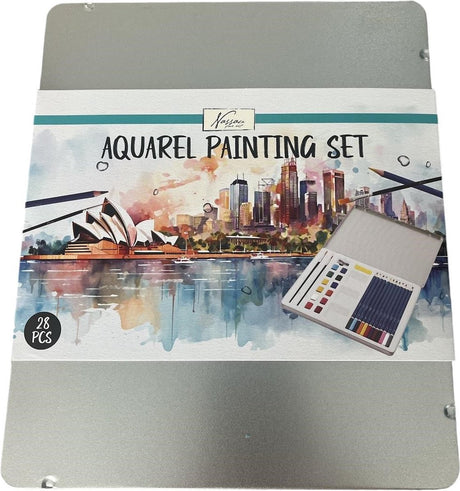 Ensemble de peinture aquarelle Creative Craft Group dans une boîte en fer blanc, 28 pièces