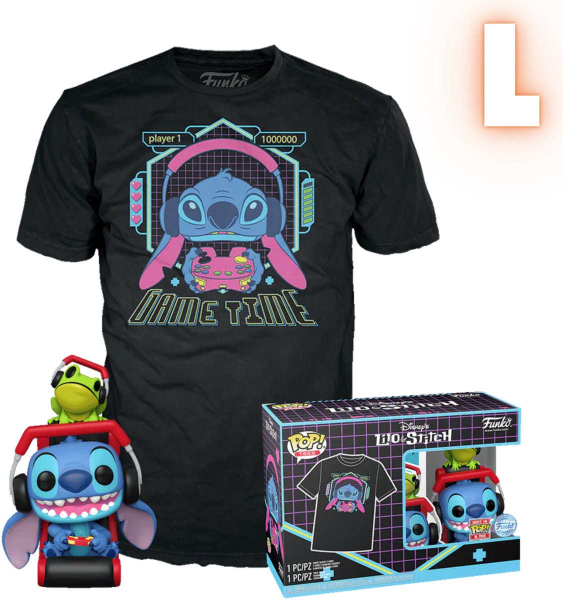 Funko Lilo Stitch Gamer Stitch avec grenouille - pop ! tee-shirt messieurs poupée ! - neutre - l