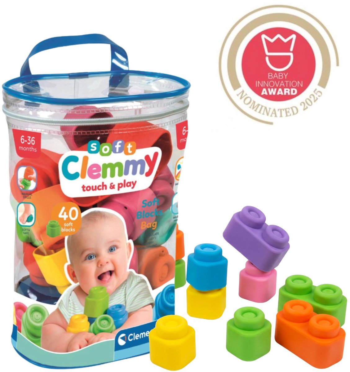 Clementoni Baby Soft Clemmy Blocks avec sac de rangement, 40dlg.