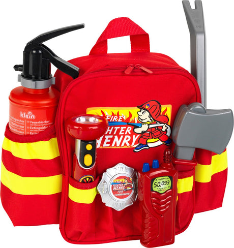 Sac à dos des pompiers Klein Toys - 28x25x8,5 cm - incl. accessoires, bretelles réglables et grande ouverture pour un emballage et un rangement faciles - rouge jaune