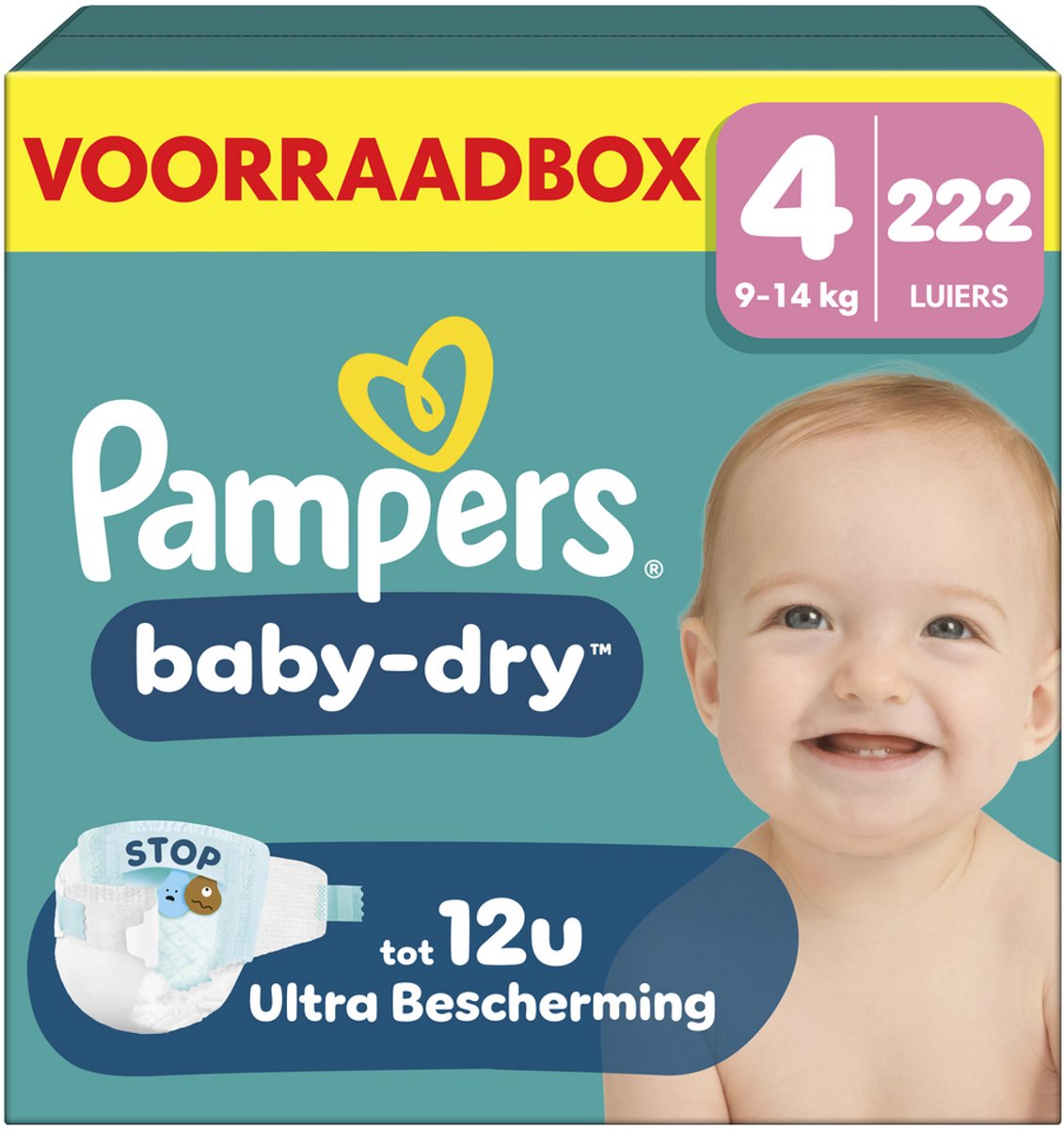 Pampers baby-dry taille 4 - 222 couches - 9kg-14kg - boîte de rangement