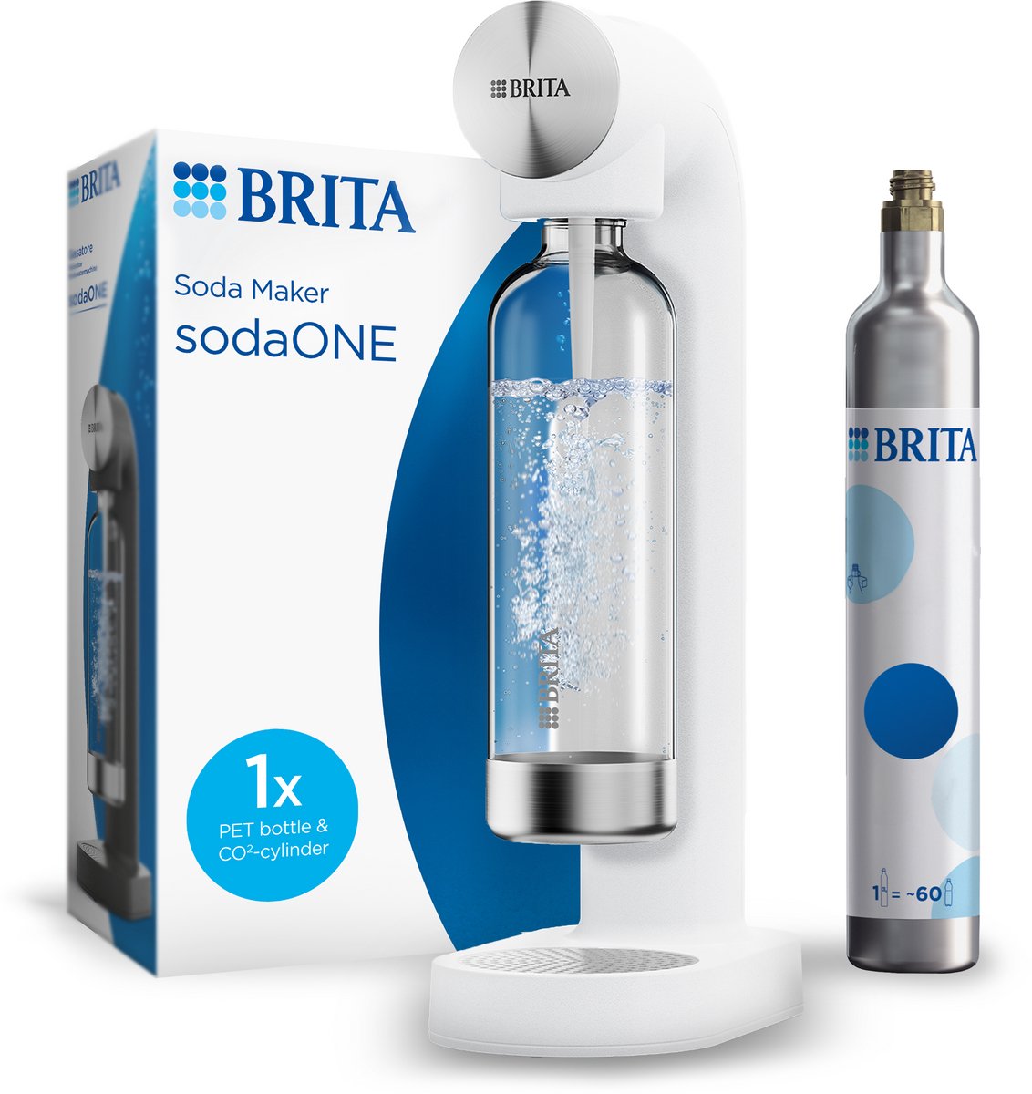 Machine à eau pétillante Brita sodaone blanche - avec 1 bouteille de CO2 et 1 bouteille de soda