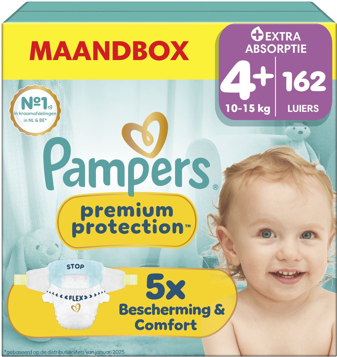Pampers premium protection taille 4+ - 162 couches - 10kg-15kg - boîte mensuelle