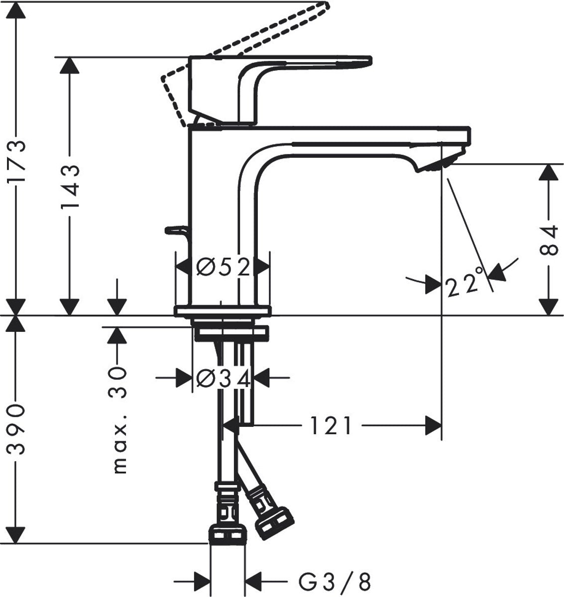 Hansgrohe rebris e - mitigeur de lavabo - commande à levier unique - démarrage à froid à économie d'énergie - avec vidage - taille 80 mm - chrome