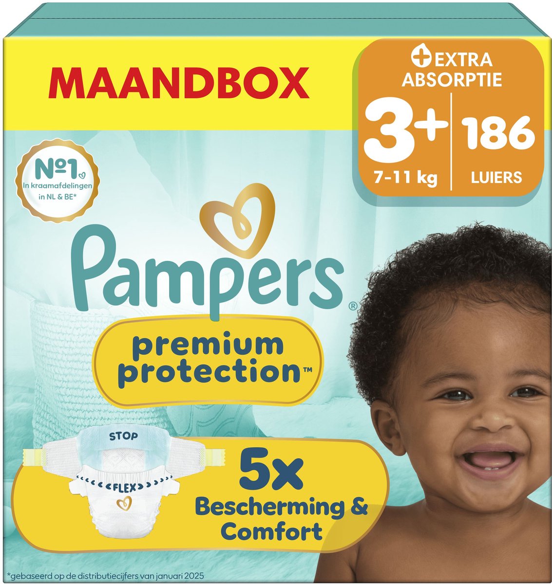 Pampers premium protection taille 3+ - 186 couches - 7kg-11kg - boîte mensuelle