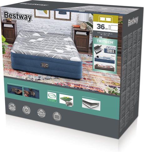 Matelas pneumatique Bestway tritech fashion flock queen avec pompe AC intégrée et revêtement antimicrobien 2,03 m x 1,52 m x 36 cm