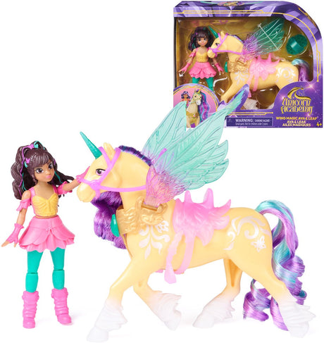Unicorn academy - ava leaf met vleugelmagie - beweegbare pop 11,4 cm en gevleugelde eenhoorn 12,7 cm - inclusief 4 accessoires - poppen- en eenhoornspeelgoed