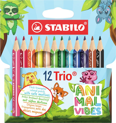 Stabilo trio épais - crayons de couleur triangulaires à noyau extra épais - ambiance animale - étui de 12 couleurs