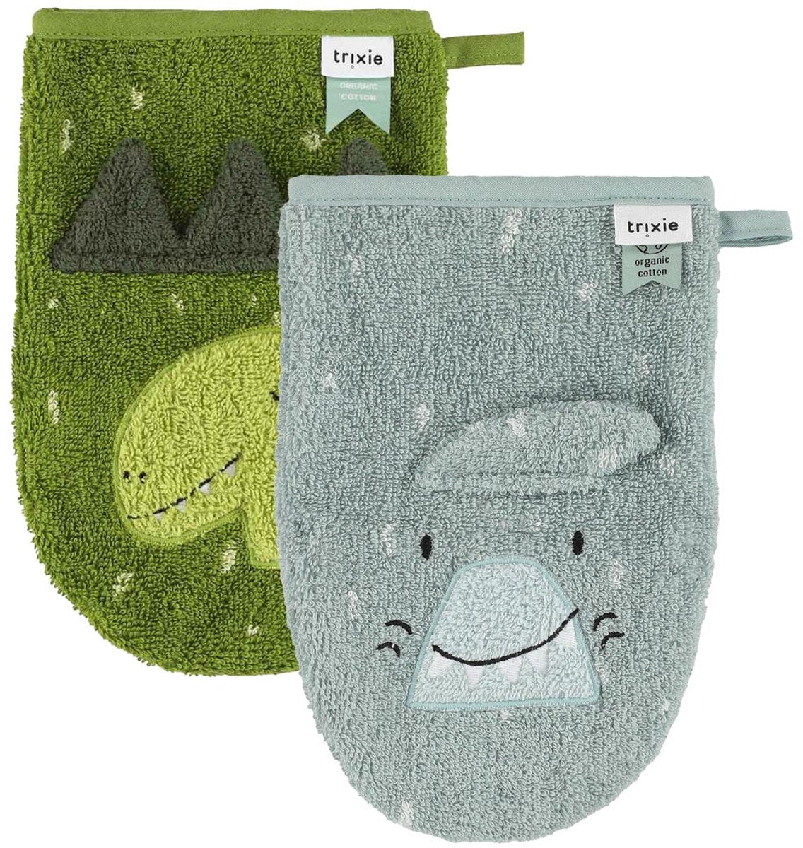 Lot de 2 gants de toilette Trixie | M. Shark - M. Dino