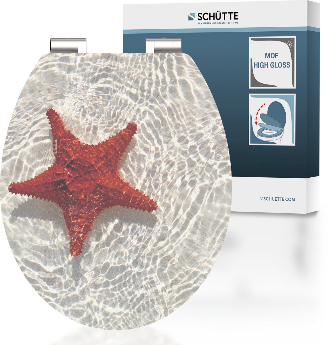 Abattant WC Schütte 80541 étoile de mer rouge - brillant - bois MDF - fermeture amortie - charnières chromées - capacité de charge jusqu'à 175 kg - décor - impression recto