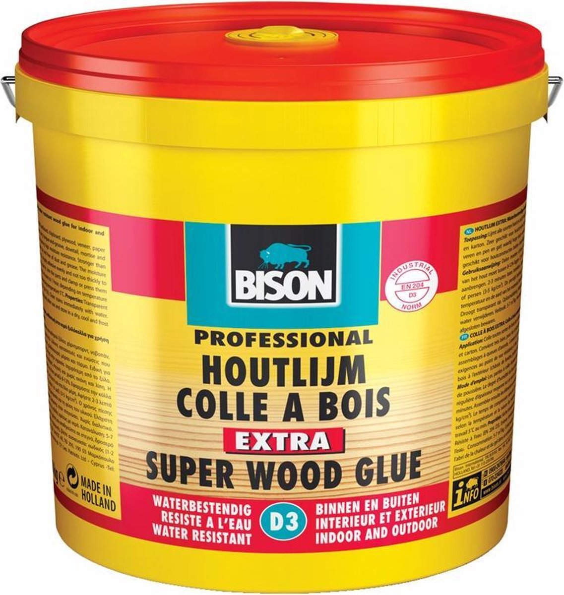 Colle à bois Bison seau supplémentaire de 3 kg, colle à bois de haute qualité, pour l'intérieur et l'extérieur, sèche transparente, plus résistante que le bois, solvant, d3, recouvrable