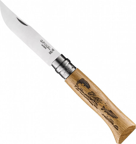 Couteau de poche gravé truite Opinel n°08 acier inoxydable bois