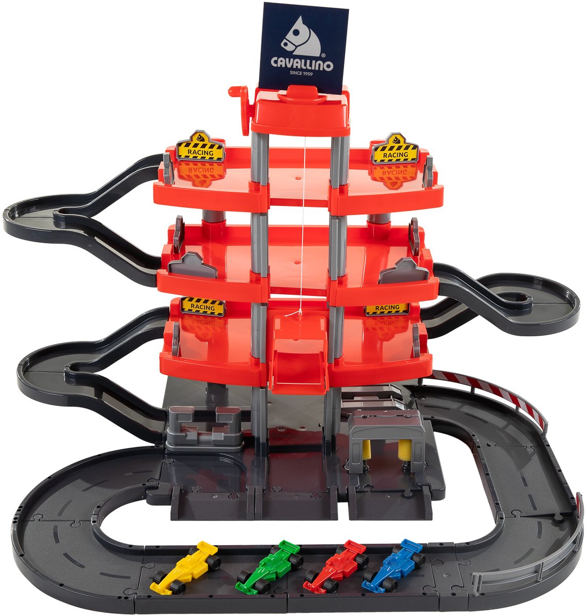 Cavallino Racing Parking Garage rouge avec 4 étages et voitures