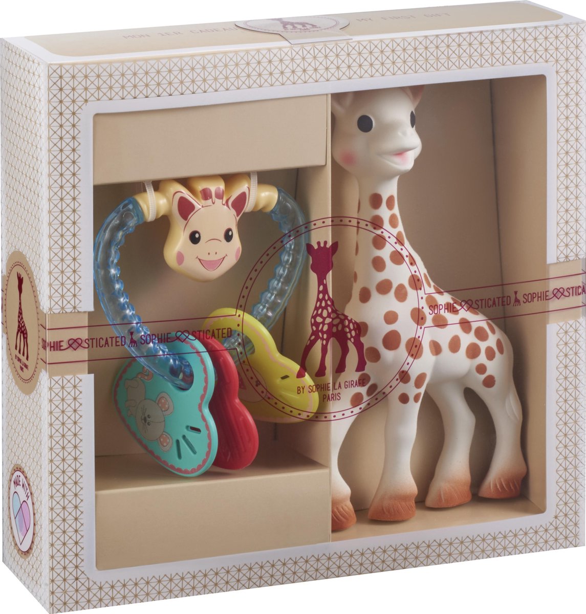 Coffret sophistiqué Sophie la girafe - jouets bébé - anneau de dentition coeur - cadeau maternité - cadeau baby shower - 4 pièces
