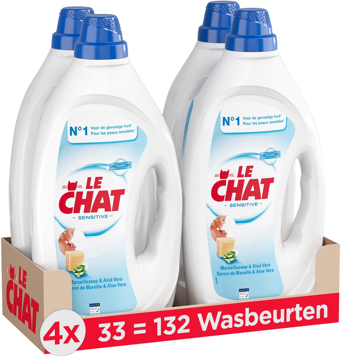 Le chat gel sensible - lessive liquide - convient à tout le linge - parfum frais - savon de Marseille - pack économique - 4 x 33 lavages