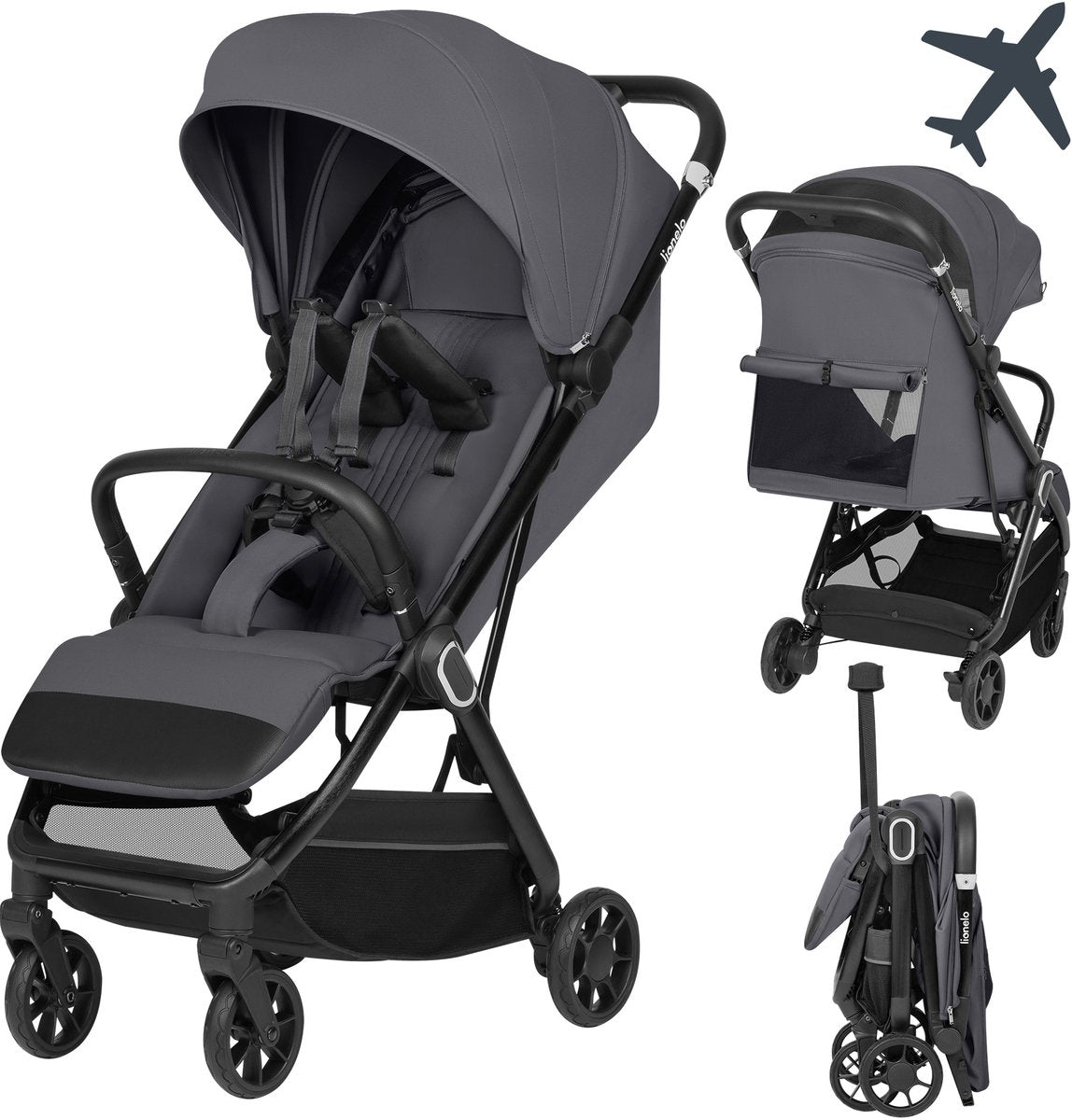 Lionelo Bess Buggy – poussette ultra compacte 6 m – 22 kg – poids léger de 7,5 kg – pliable automatiquement d'une seule main – capote XXL UPF50+ – position couchée 83 cm – ceinture magnétique 5 points – roues suspendues à 360° – facile à voyager