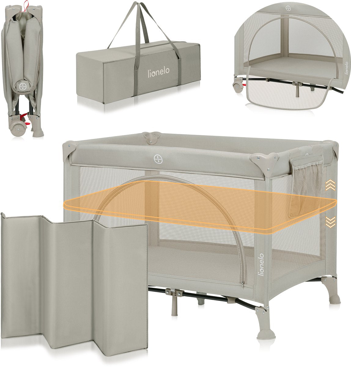 Lionelo Laura - lit de camping compact 3 en 1, lit bébé parc - léger - 2 hauteurs - roues avec freins - panneaux latéraux en filet entrée pour tout-petits - avec sac de transport, sac de rangement - lit de voyage