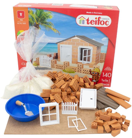 Kit de construction Teifoc ® – Maison de plage – 140 pièces – Véritables mini briques avec ciment, bol et truelle – Kit de construction pour enfants à partir de 6 ans