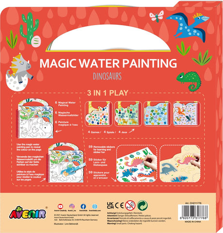 Peinture à l'eau magique Avenir : livre dinosaures 21,7x2x22,7cm, 6 pages réutilisables avec jeu 3 en 1, 3+