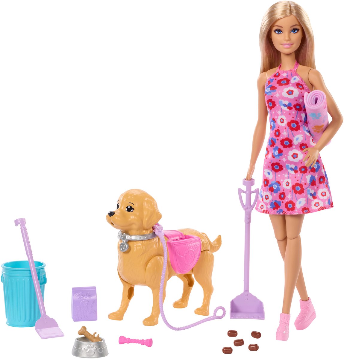Ensemble de jouets pour chiots qui marchent Barbie Malibu - poupée et chien à faire caca et accessoires