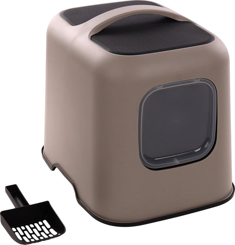 Bac à litière Flamingo – ligne design – taupe trudy – 38,5x51x44,5 cm – plastique recyclé – avec filtre à charbon à porte magnétique – pelle à litière pour chat incluse – facile à nettoyer